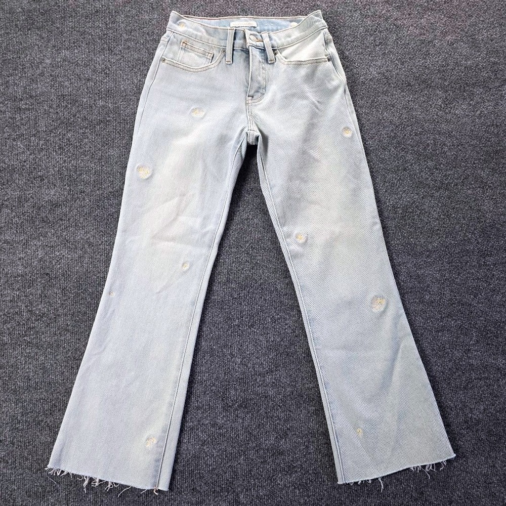 Lucky Brand Ava Mid Rise Crop Mini Boot Daisy‎ Embroidered Jeans Light Wash 0/25